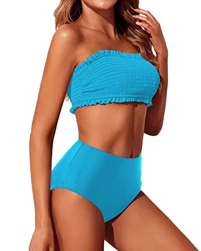 High Cut Women's Bandeau Bikini Set Off Shoulder Smocked Swimsuit-Blue