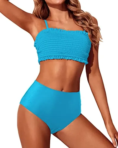 High Cut Women's Bandeau Bikini Set Off Shoulder Smocked Swimsuit-Blue