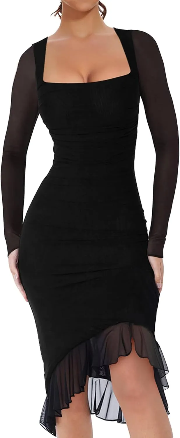 HYPERFIRE Women's Sexy Ruched Bodycon Dress Square Neck Long Sleeve Ruffle Hem Mini Dresses Club Party
