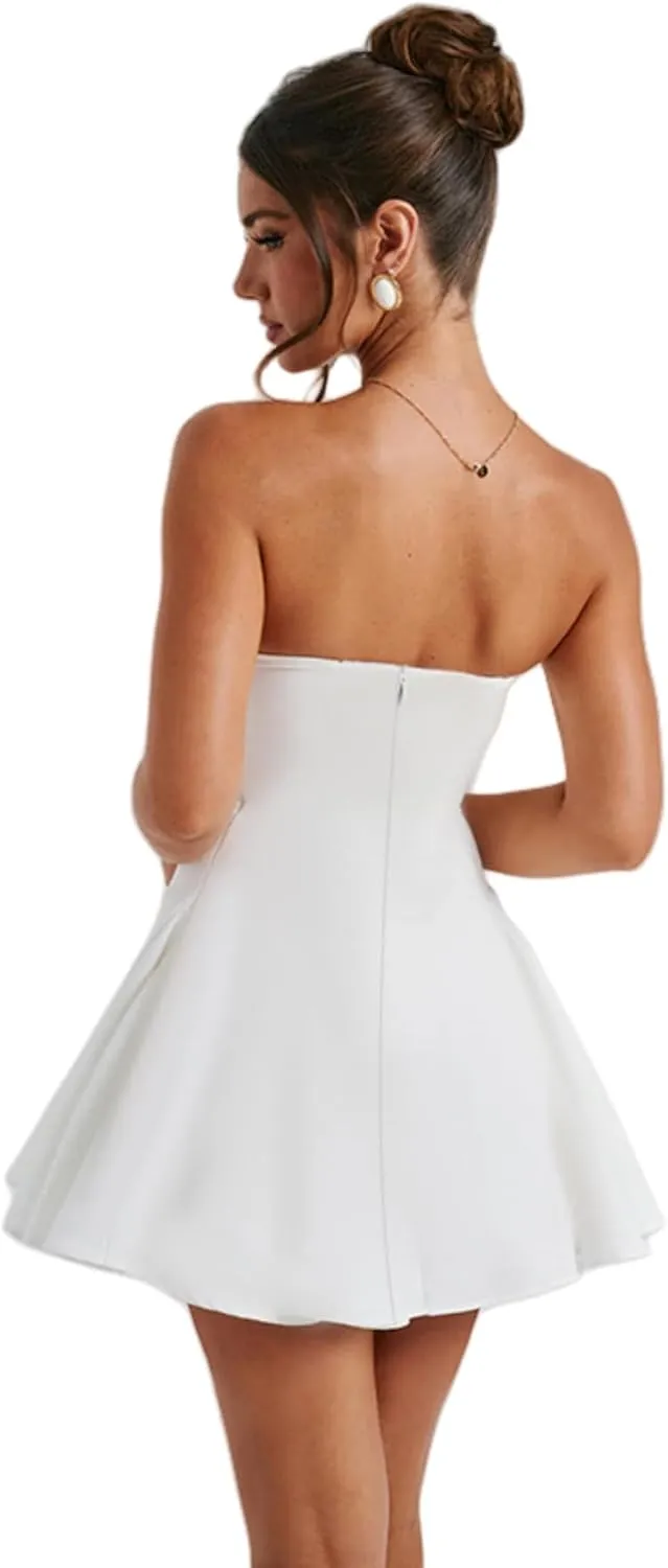 JUMISEE Women's Elegant Bow Strapless Homecoming Dress A Line Swing Tube Mini Dress Short Evening Party Prom Dress