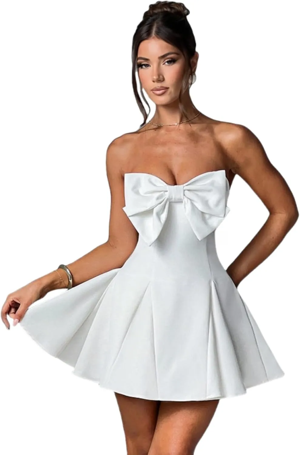 JUMISEE Women's Elegant Bow Strapless Homecoming Dress A Line Swing Tube Mini Dress Short Evening Party Prom Dress