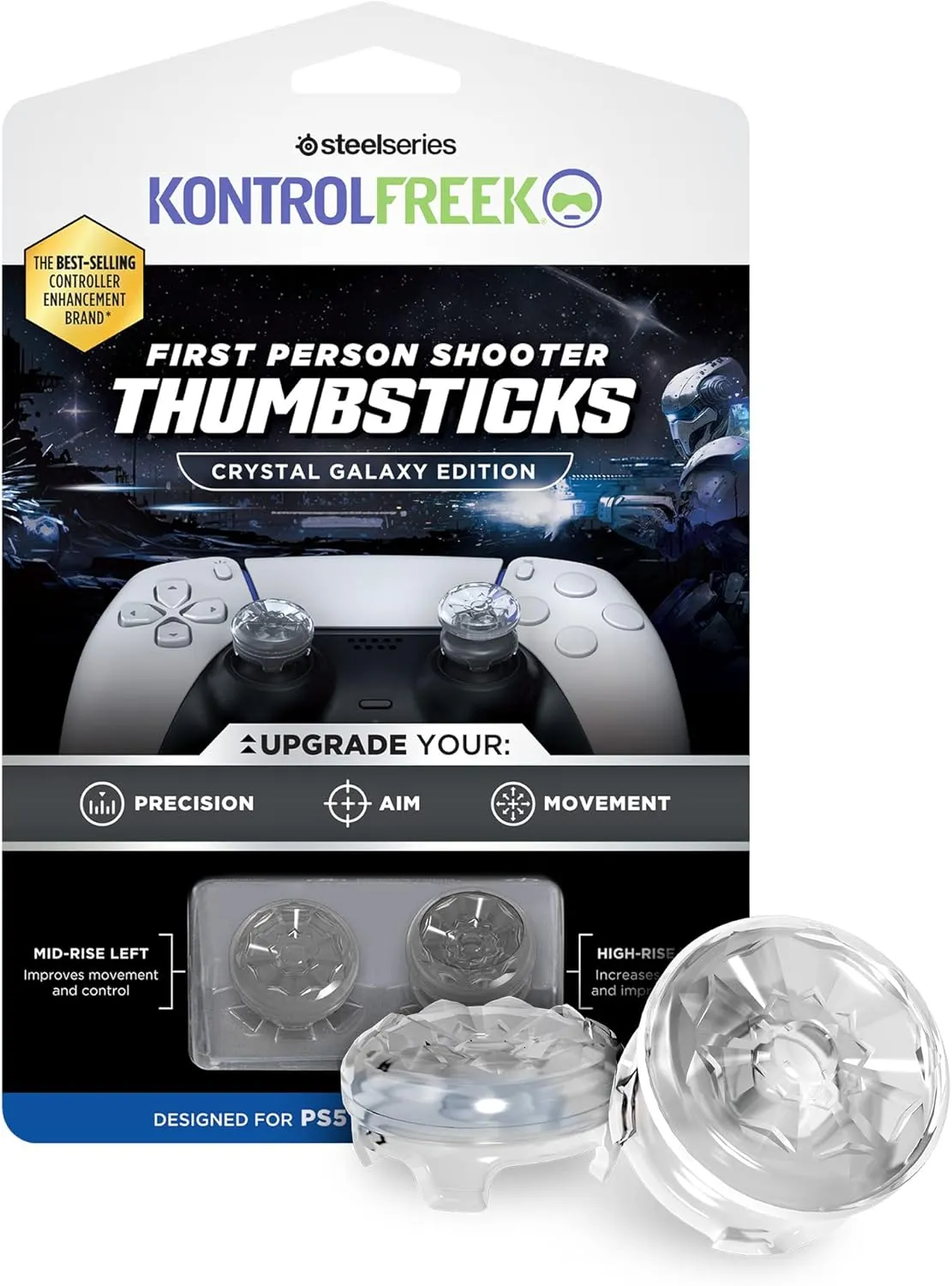 KontrolFreek FPS Freek Galaxy Crystal for PlayStation 4 (PS4) and PlayStation 5 (PS5) Controller | Performance Thumbsticks | 1 High-Rise, 1 Mid-Rise | Crystal