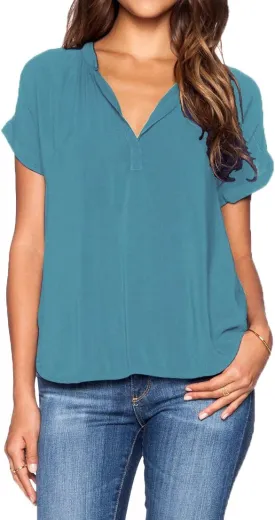 LILBETTER Women Chiffon Blouse V Neck Short Sleeve Top Shirts