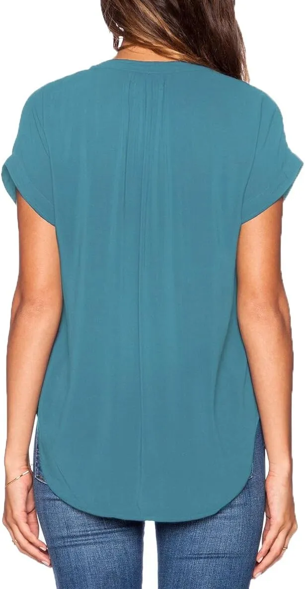 LILBETTER Women Chiffon Blouse V Neck Short Sleeve Top Shirts