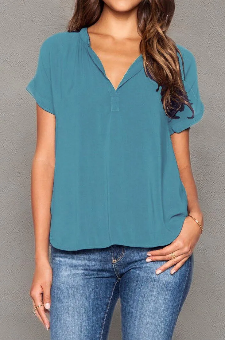 LILBETTER Women Chiffon Blouse V Neck Short Sleeve Top Shirts