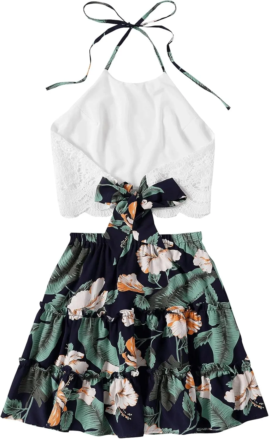 LYANER Women's 2 Piece Outfits Summer Lace Halter Cami Crop Top with Floral Mini Skirt Set