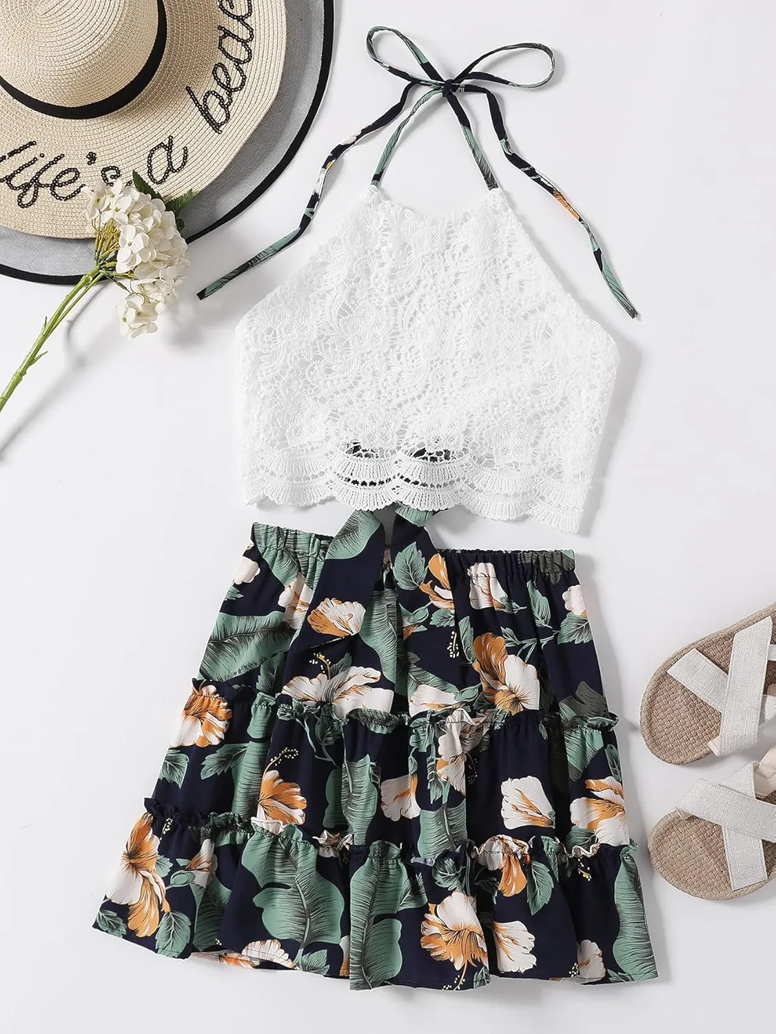 LYANER Women's 2 Piece Outfits Summer Lace Halter Cami Crop Top with Floral Mini Skirt Set