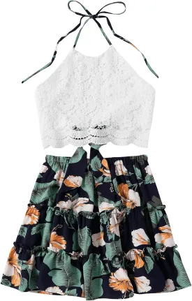 LYANER Women's 2 Piece Outfits Summer Lace Halter Cami Crop Top with Floral Mini Skirt Set