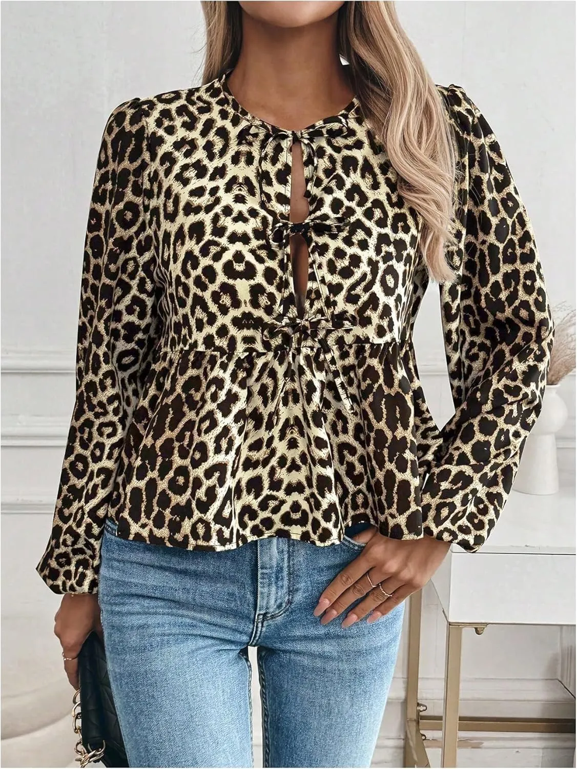MakeMeChic Women's Leopard Print Tie Neck Blouses Long Lantern Sleeve Ruffled Tops