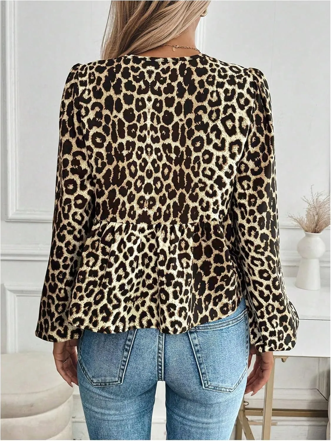 MakeMeChic Women's Leopard Print Tie Neck Blouses Long Lantern Sleeve Ruffled Tops