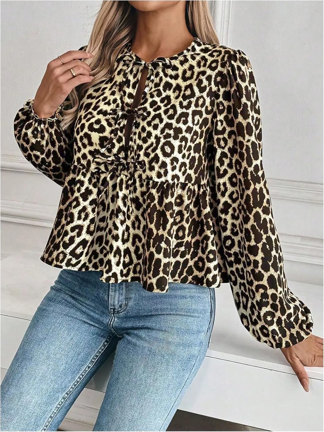 MakeMeChic Women's Leopard Print Tie Neck Blouses Long Lantern Sleeve Ruffled Tops