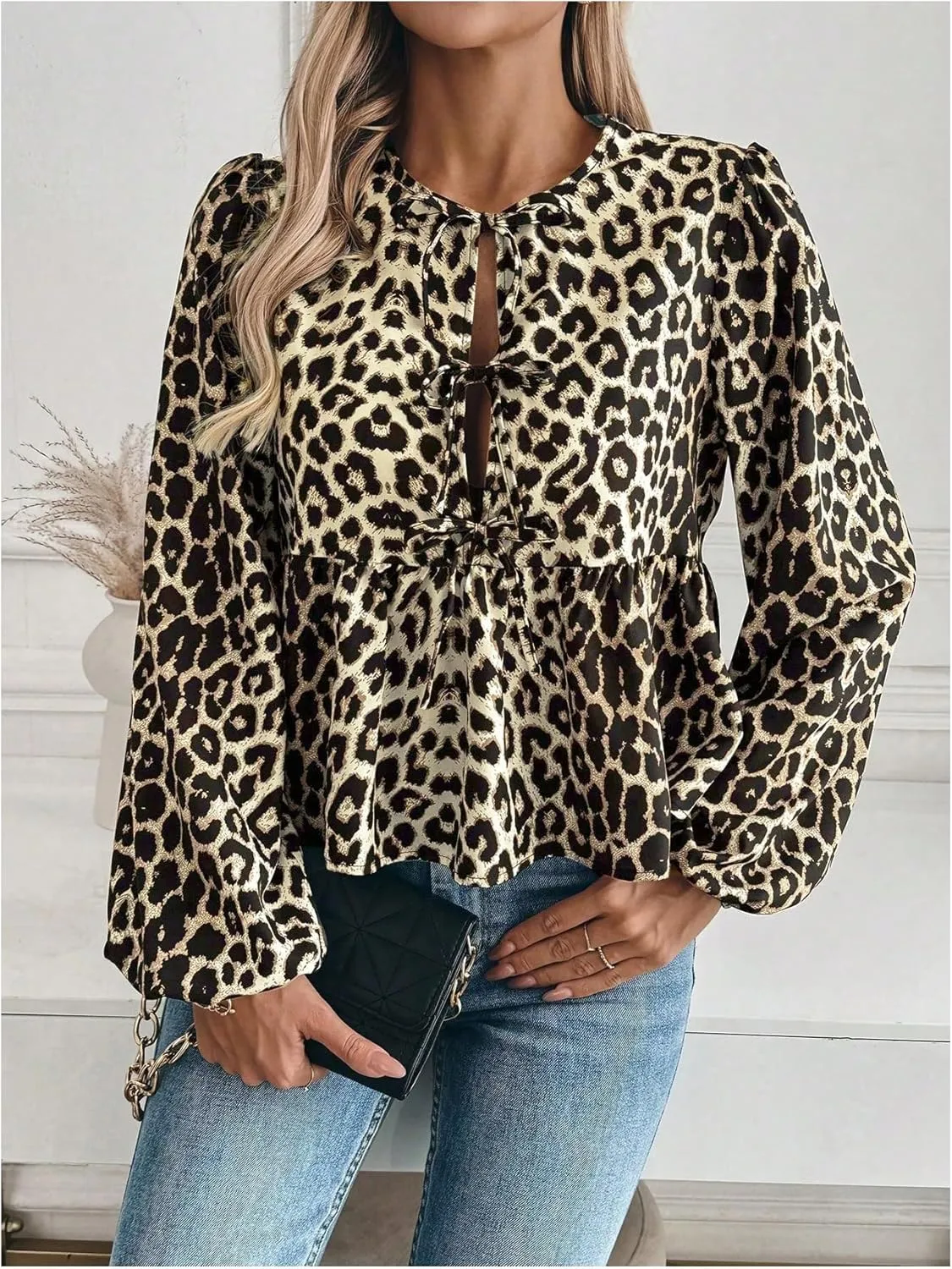MakeMeChic Women's Leopard Print Tie Neck Blouses Long Lantern Sleeve Ruffled Tops