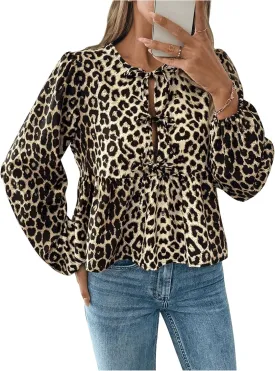 MakeMeChic Women's Leopard Print Tie Neck Blouses Long Lantern Sleeve Ruffled Tops