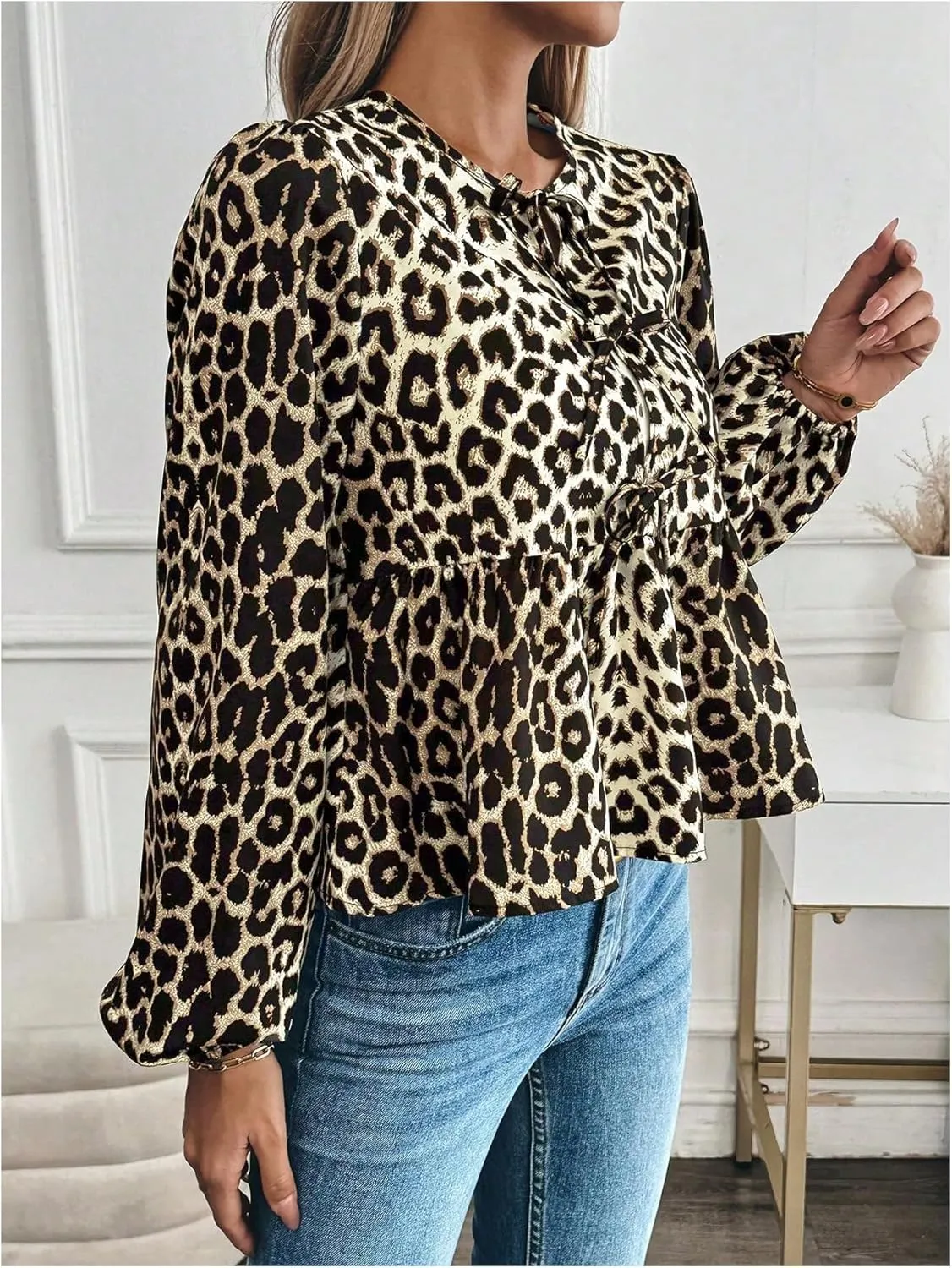 MakeMeChic Women's Leopard Print Tie Neck Blouses Long Lantern Sleeve Ruffled Tops