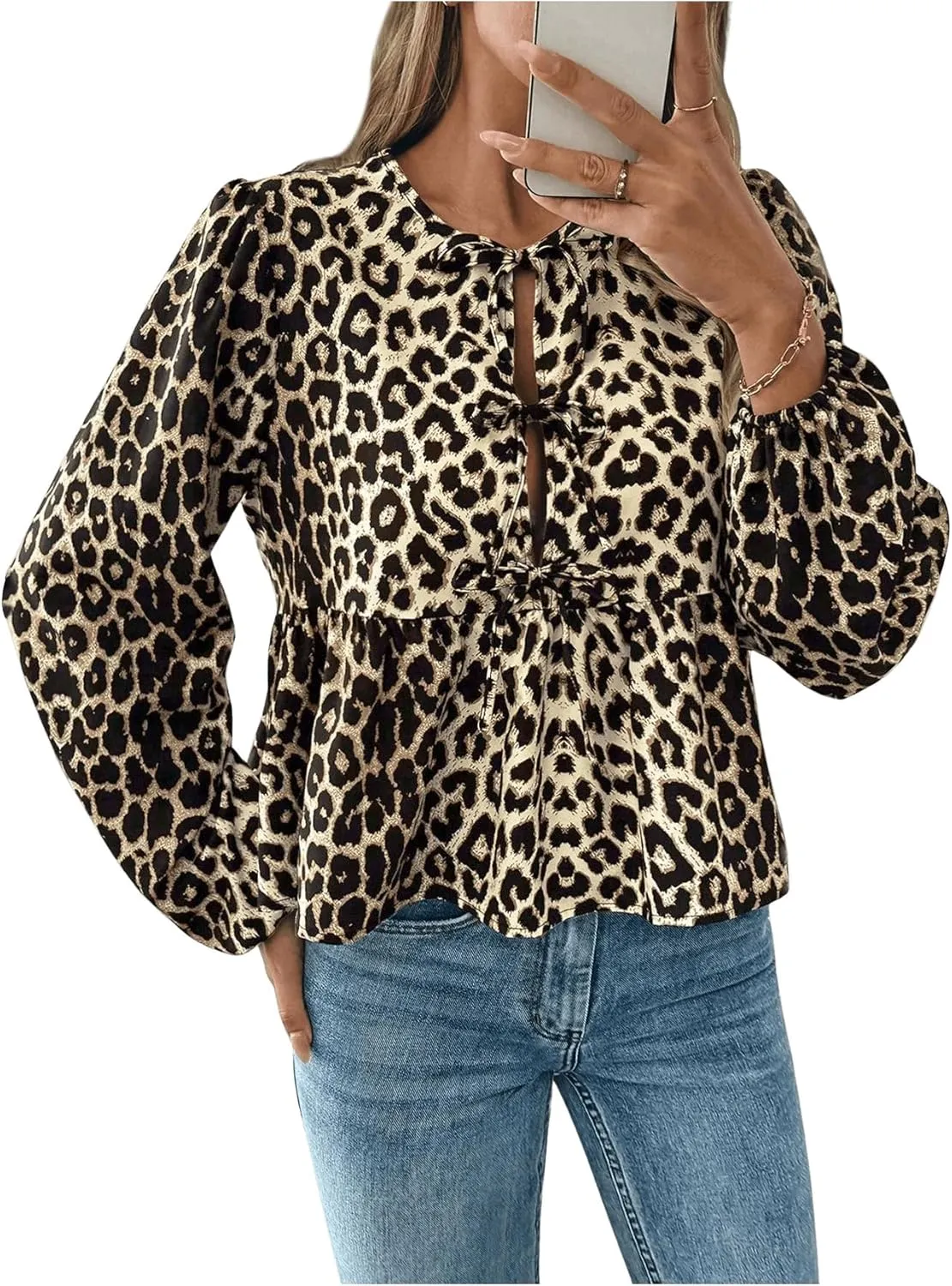 MakeMeChic Women's Leopard Print Tie Neck Blouses Long Lantern Sleeve Ruffled Tops