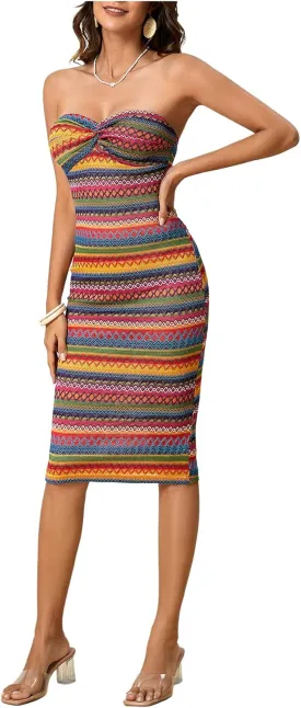 MakeMeChic Women's Twist Strapless Bandeau Tube Dress Geo Striped Sleeveless Long Bodycon Sundress