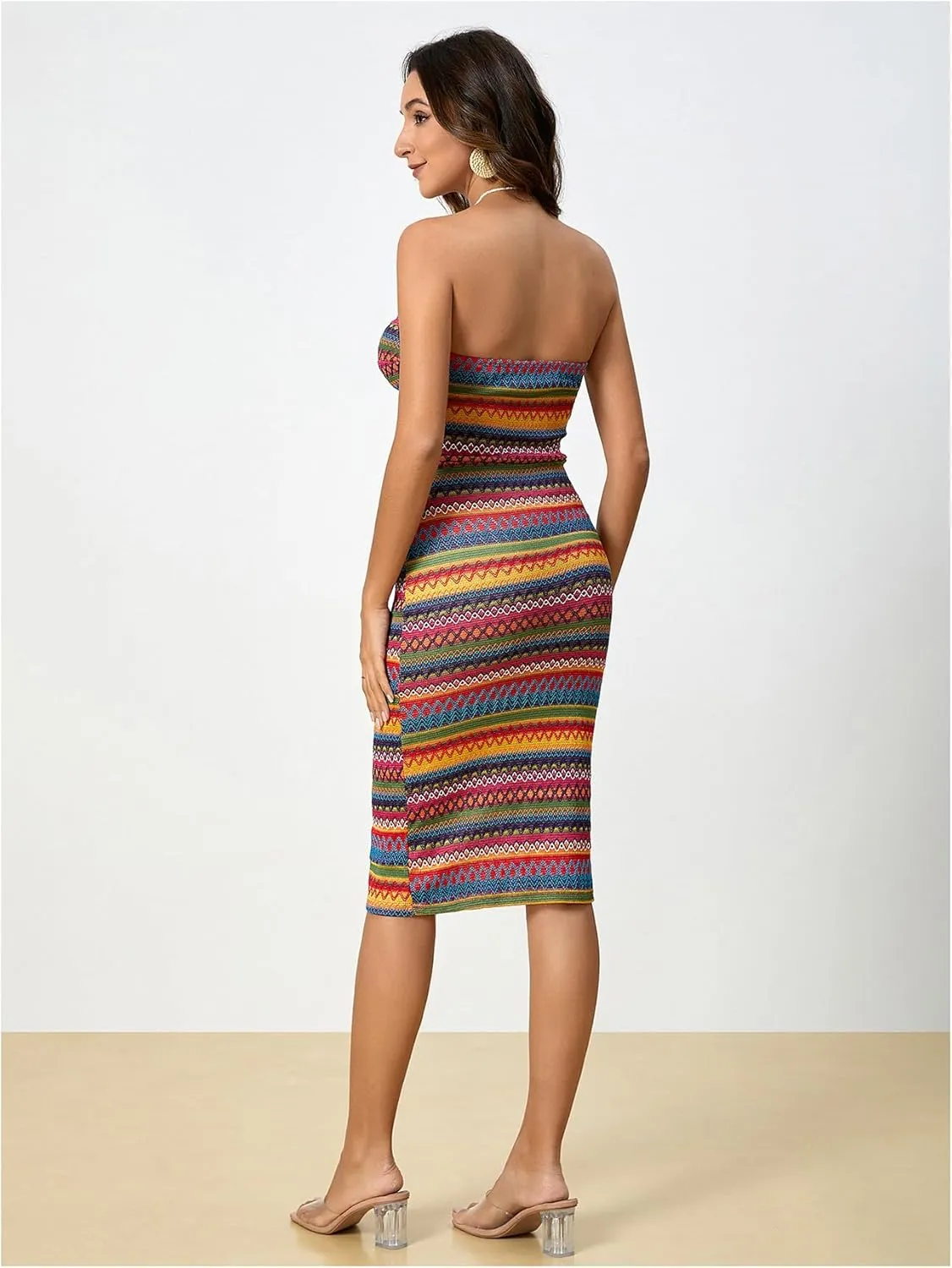 MakeMeChic Women's Twist Strapless Bandeau Tube Dress Geo Striped Sleeveless Long Bodycon Sundress