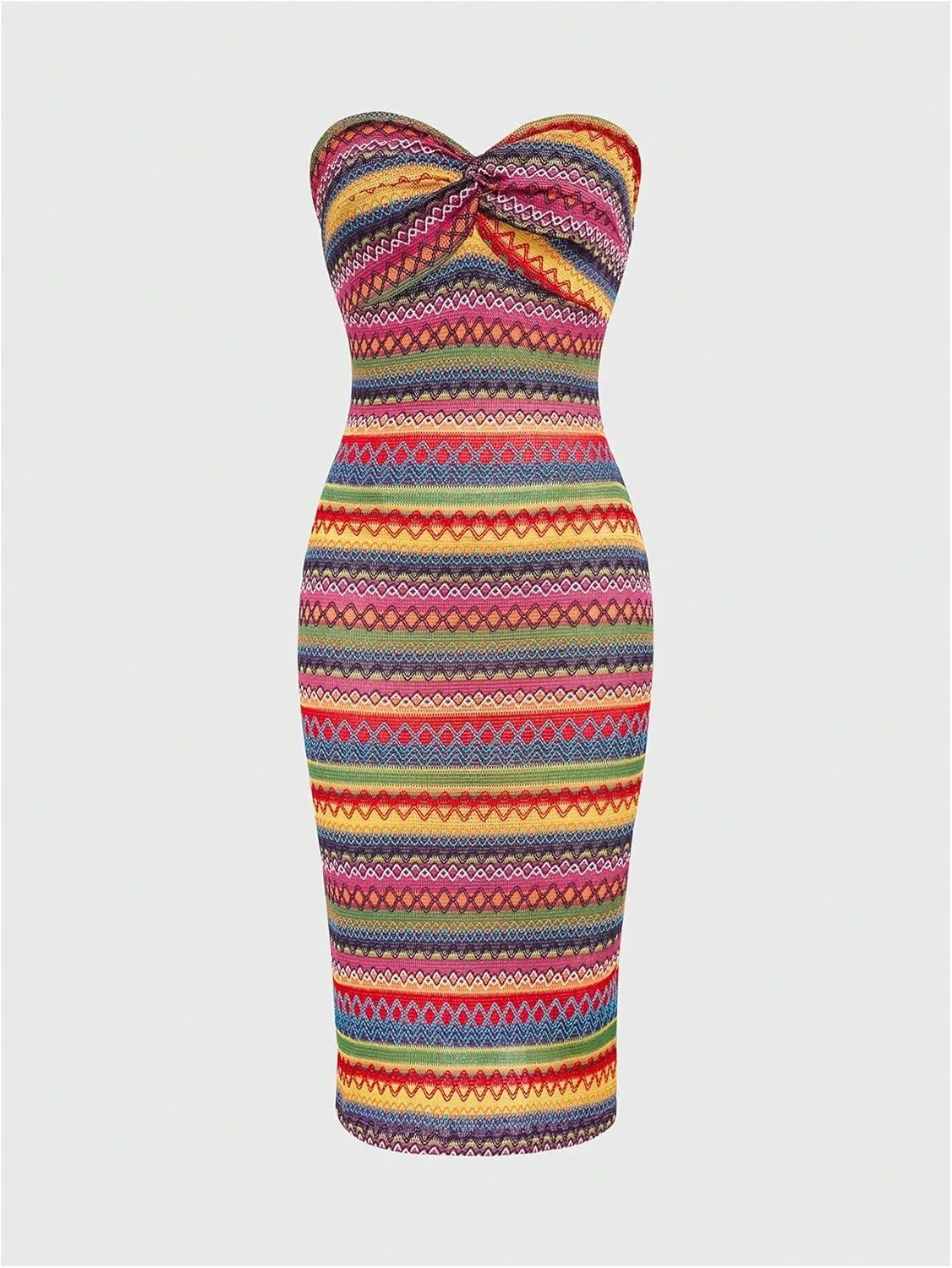 MakeMeChic Women's Twist Strapless Bandeau Tube Dress Geo Striped Sleeveless Long Bodycon Sundress