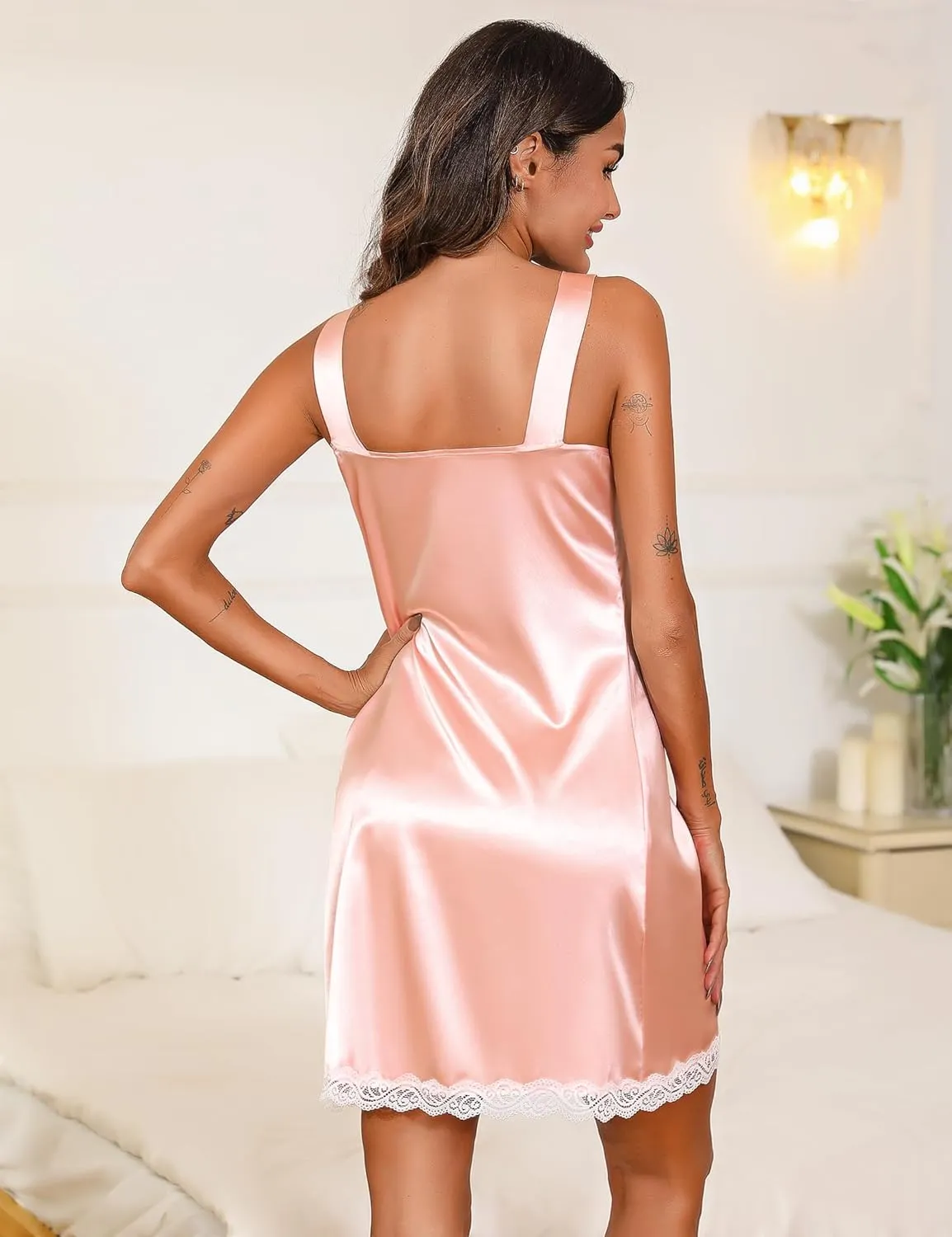 Marvmys Women's Satin Chemise Nightgown Lace Trim Silk Slip Lingerie Dress V Neck Sleeveless Nightdress