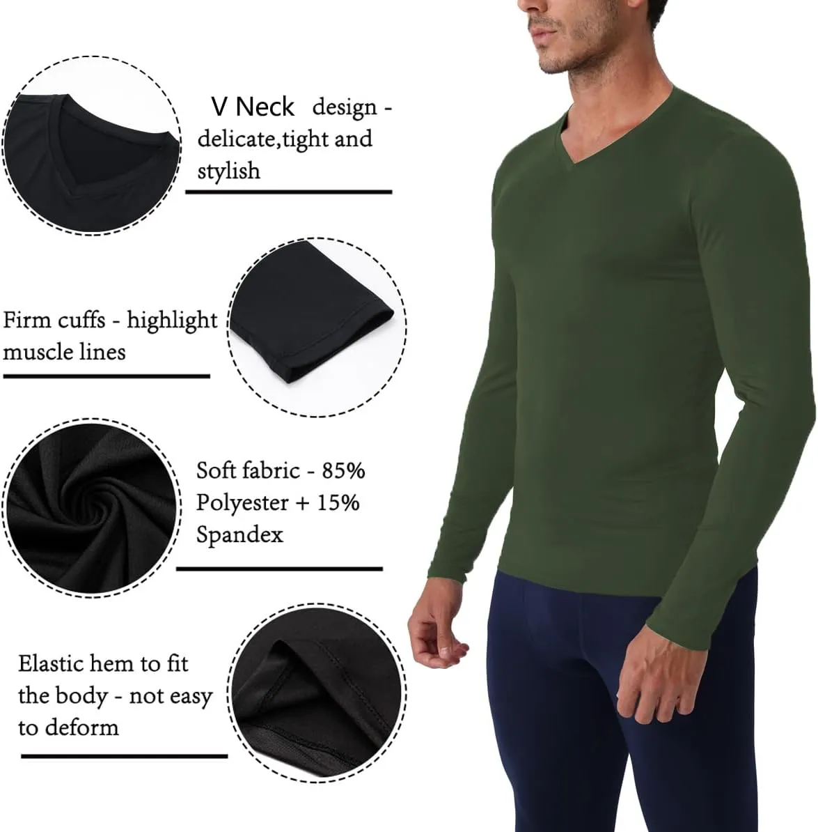 Men's Compression Shirt V Neck Long Sleeve Workout Shirts Cool Dry Athletic Gym Undershirts Active Sports Baselayer Tops