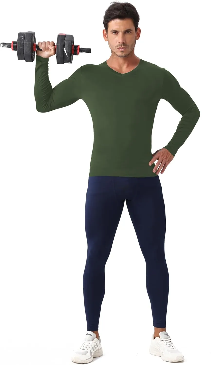 Men's Compression Shirt V Neck Long Sleeve Workout Shirts Cool Dry Athletic Gym Undershirts Active Sports Baselayer Tops