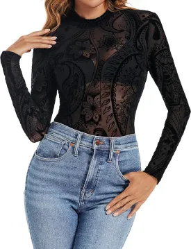 Mesh Top for Women Long Sleeve Mock Neck Mesh Shirt Sheer Top Solid Floral Tee Shirts S-XXL
