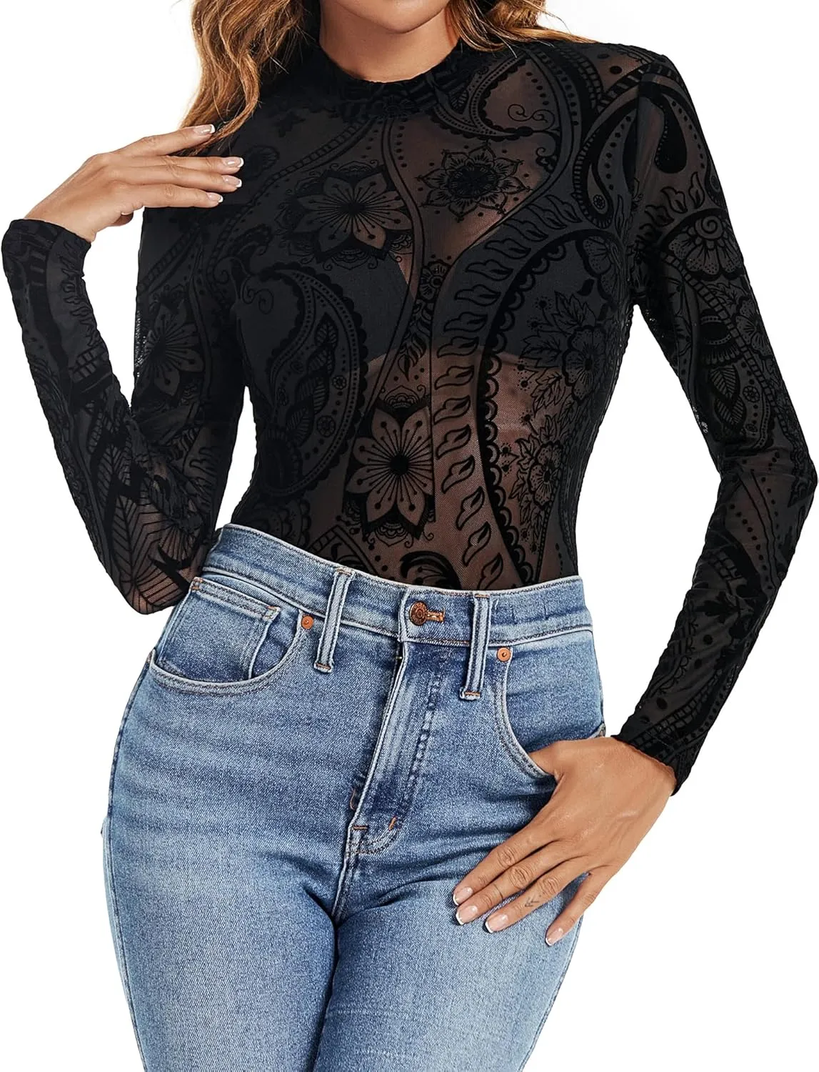 Mesh Top for Women Long Sleeve Mock Neck Mesh Shirt Sheer Top Solid Floral Tee Shirts S-XXL