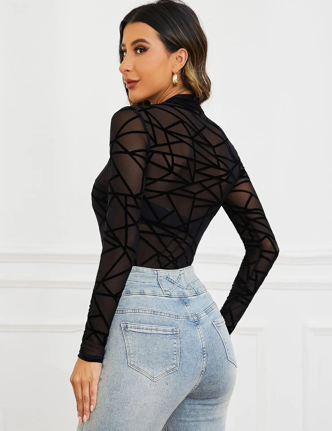 Mesh Top for Women Long Sleeve Mock Neck Mesh Shirt Sheer Top Solid Floral Tee Shirts S-XXL