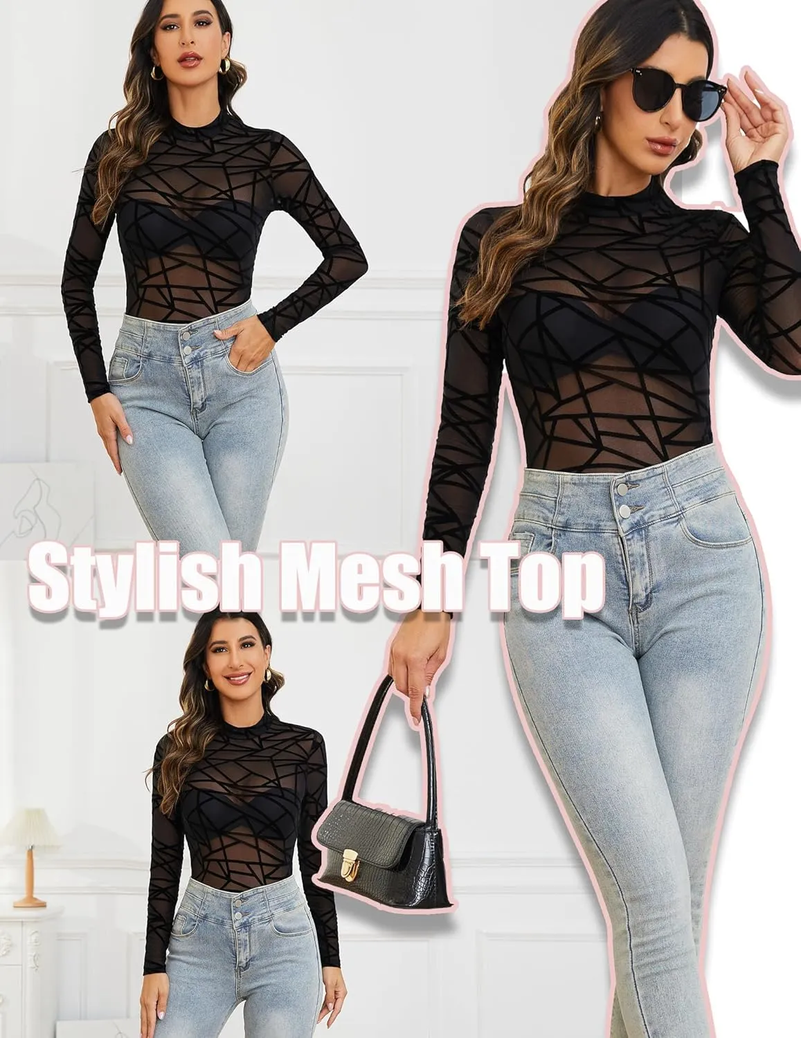 Mesh Top for Women Long Sleeve Mock Neck Mesh Shirt Sheer Top Solid Floral Tee Shirts S-XXL