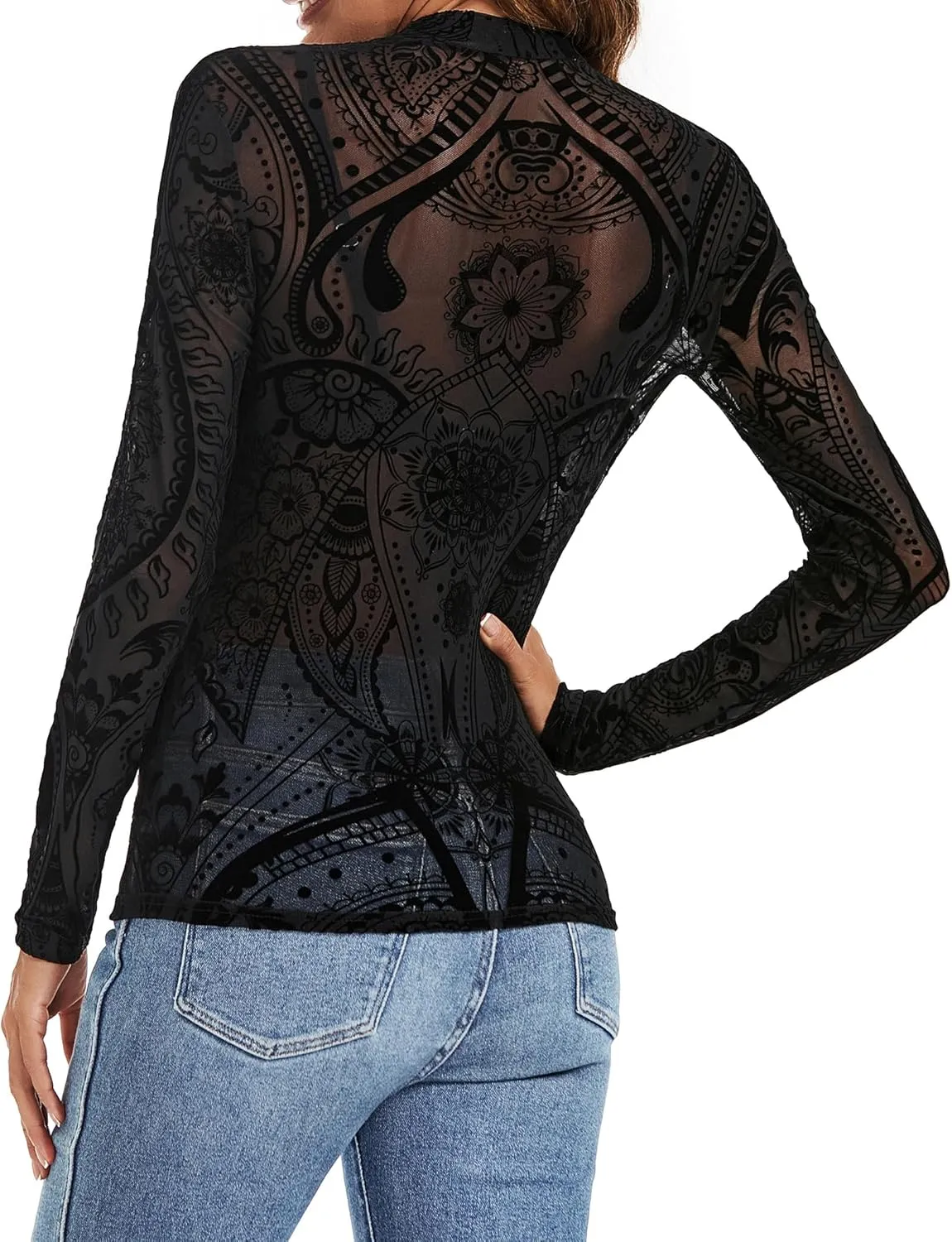 Mesh Top for Women Long Sleeve Mock Neck Mesh Shirt Sheer Top Solid Floral Tee Shirts S-XXL