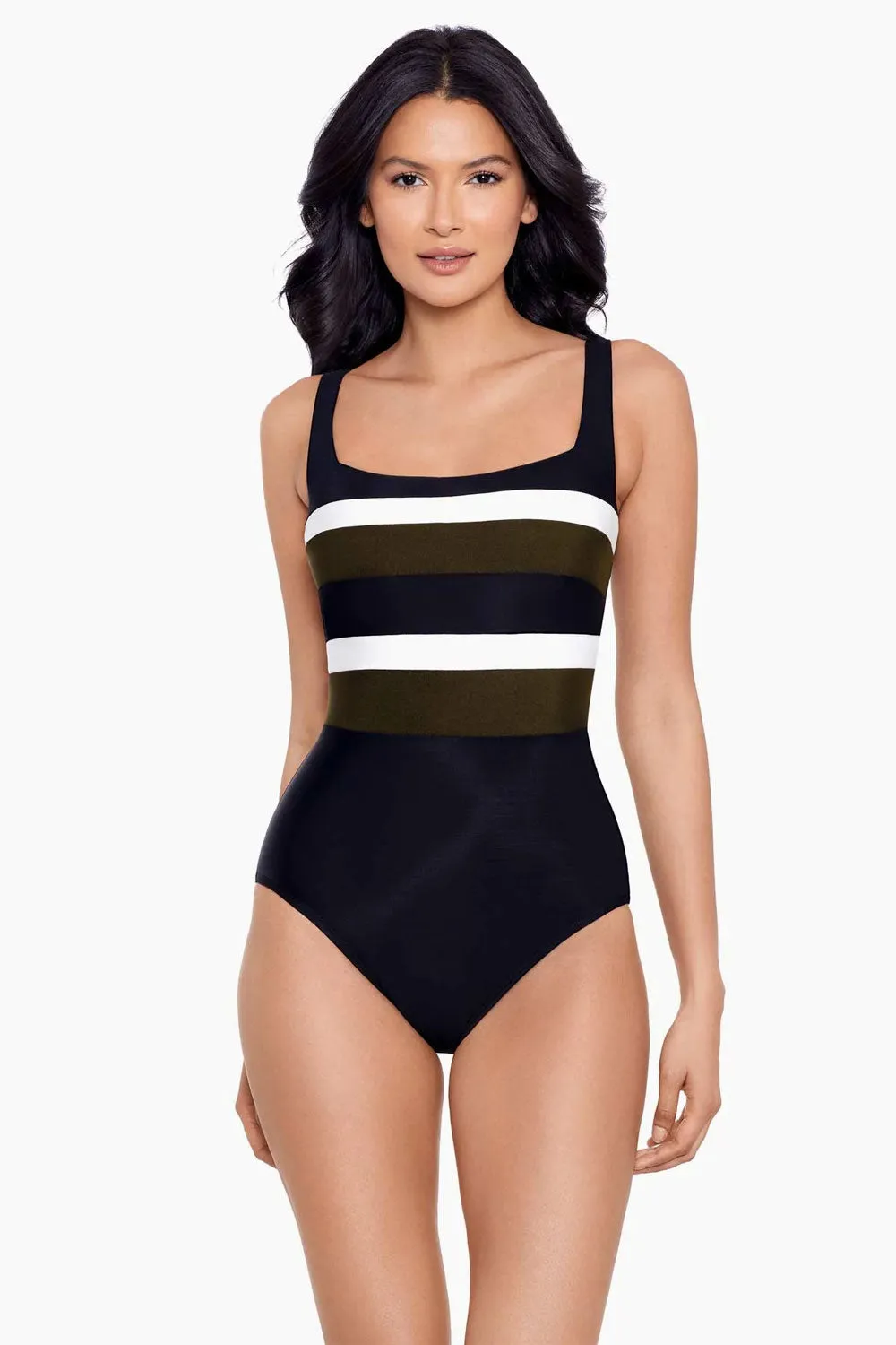 Miraclesuit Spectra collection 'Trinity' Shaping Swimsuit in Black, White & Olive