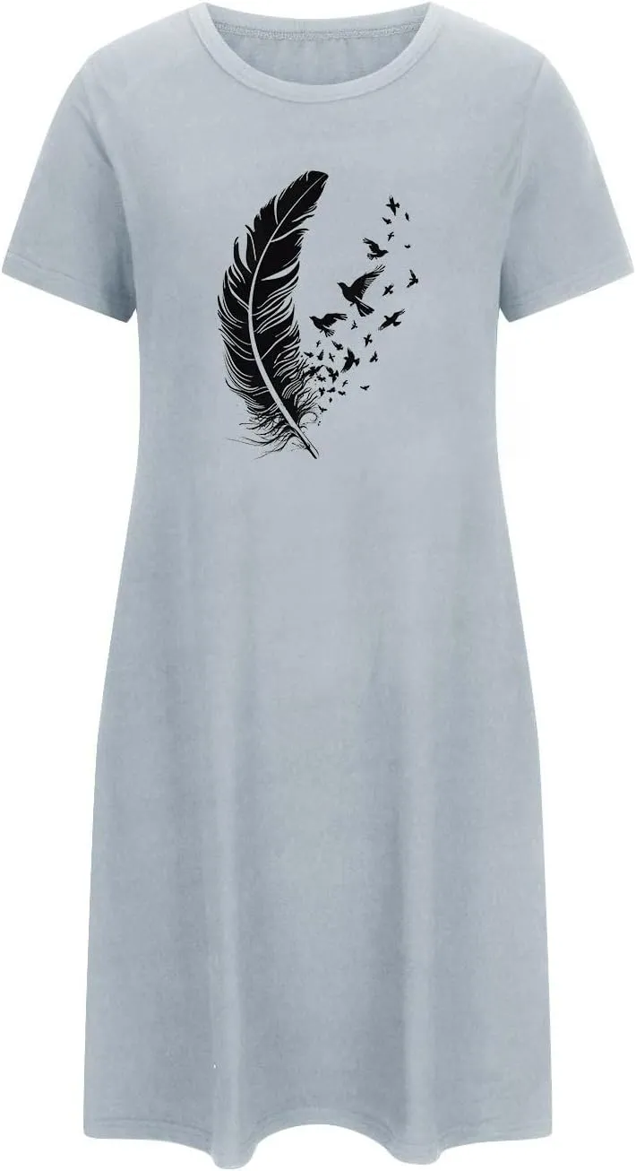 Nightgowns for Womens Short Sleeve Graphic Sleep Tees Pullover Night Shirts Sleep Shirt Soft Feather T Shirt Dresses