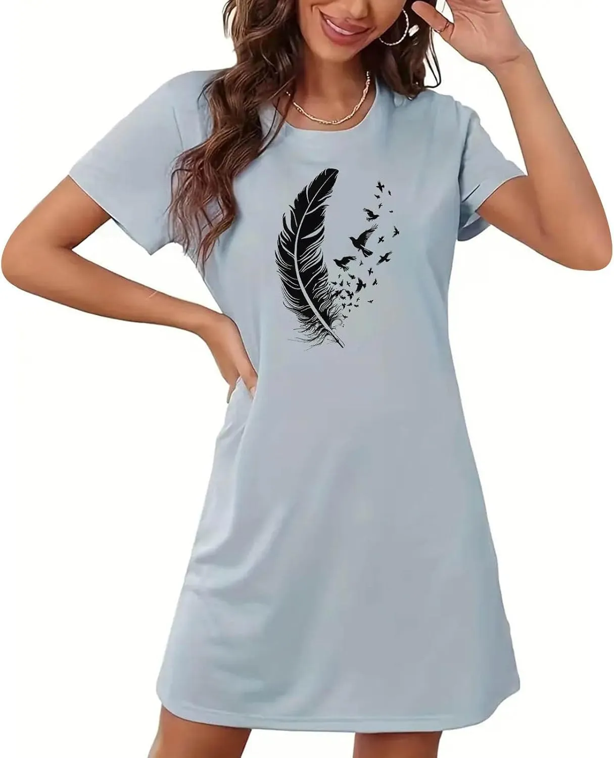 Nightgowns for Womens Short Sleeve Graphic Sleep Tees Pullover Night Shirts Sleep Shirt Soft Feather T Shirt Dresses