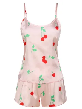 Pink 1950s Spaghetti Strap Cherry Pajamas