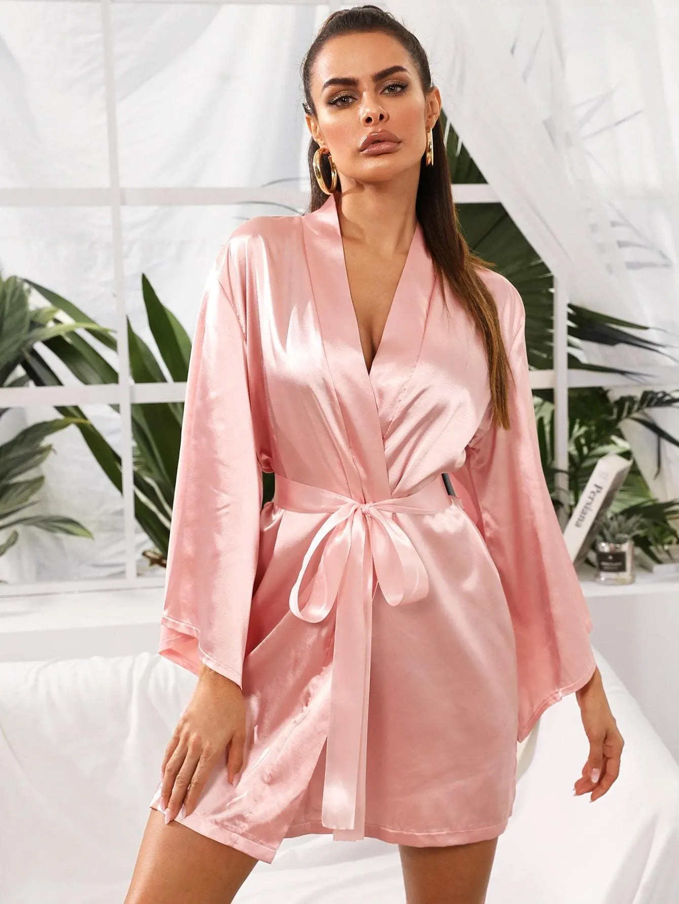 Pink Satin Self Tie Night Robe