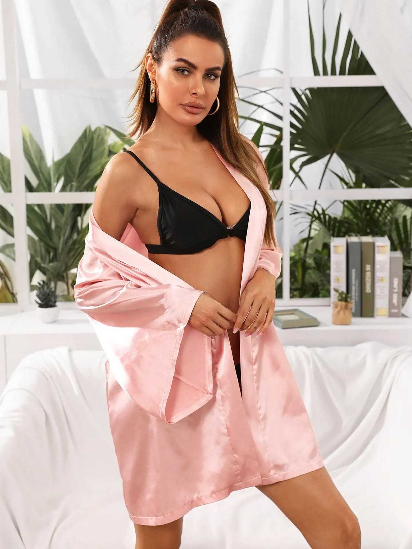 Pink Satin Self Tie Night Robe