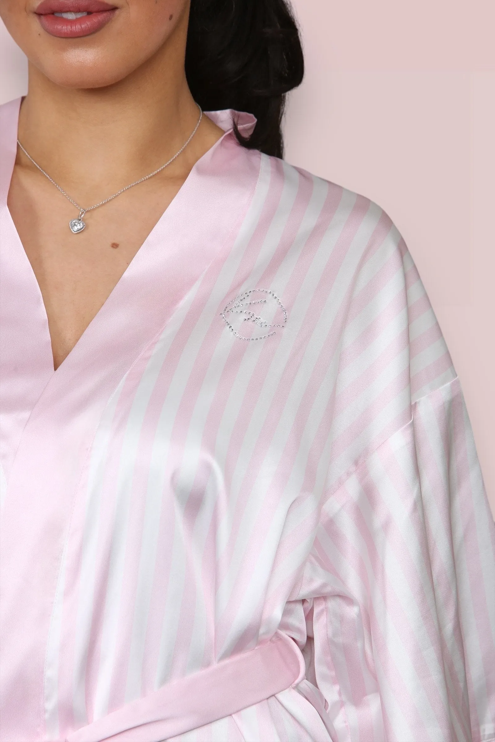 Pink Valentine's Day Sexy Stripe Open-Front Satiny Wrap Tie Robe