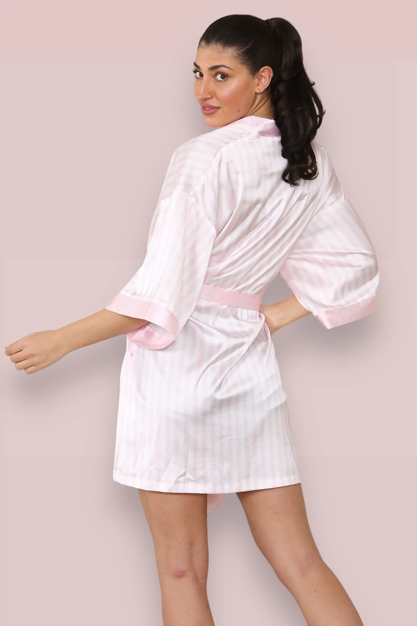 Pink Valentine's Day Sexy Stripe Open-Front Satiny Wrap Tie Robe