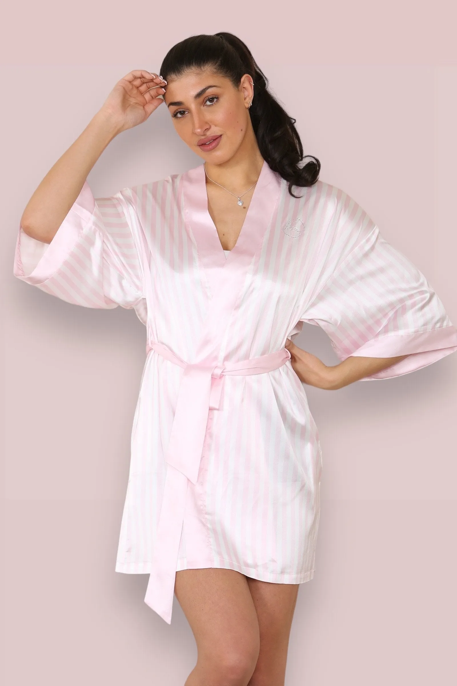 Pink Valentine's Day Sexy Stripe Open-Front Satiny Wrap Tie Robe