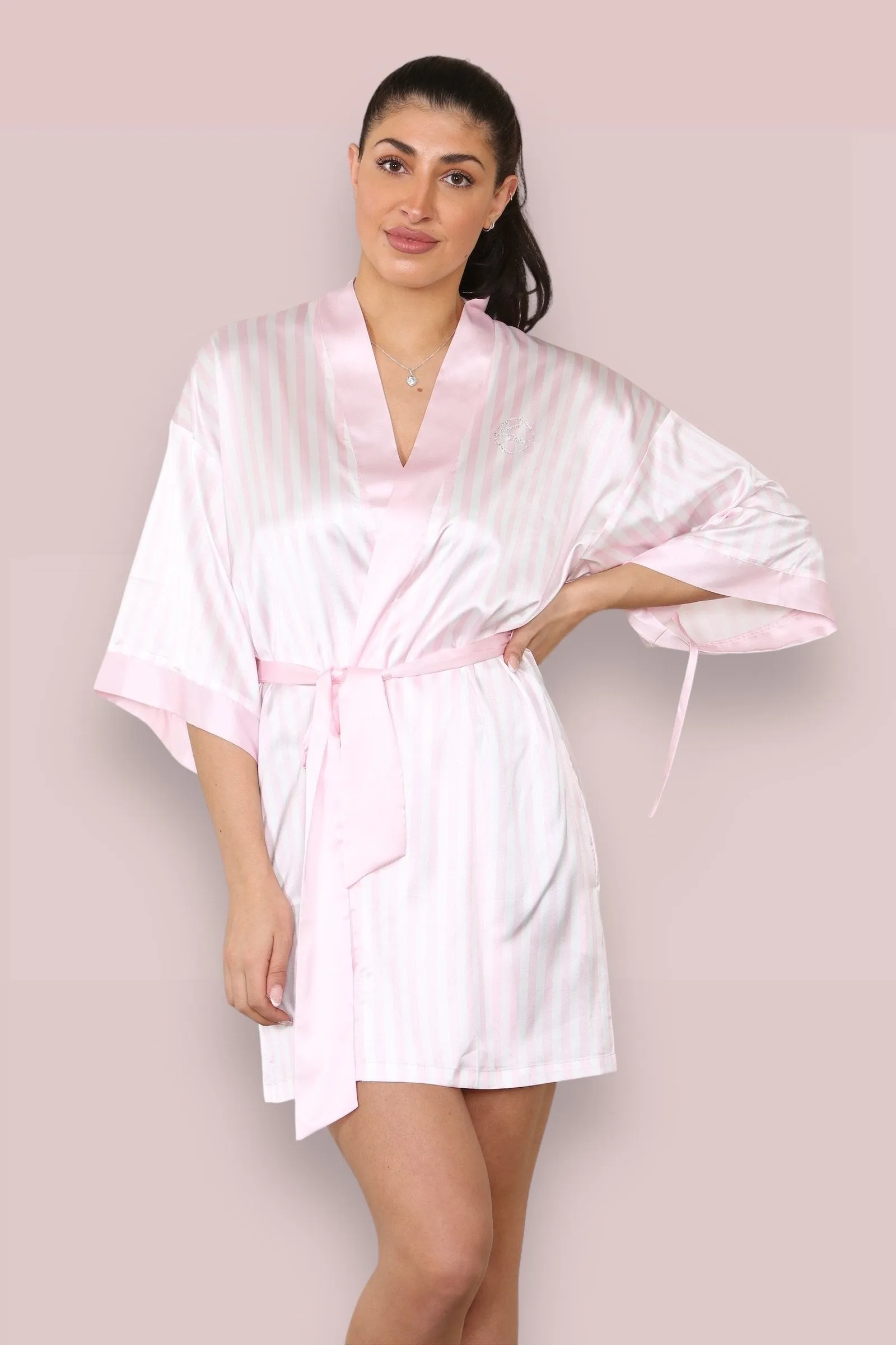 Pink Valentine's Day Sexy Stripe Open-Front Satiny Wrap Tie Robe