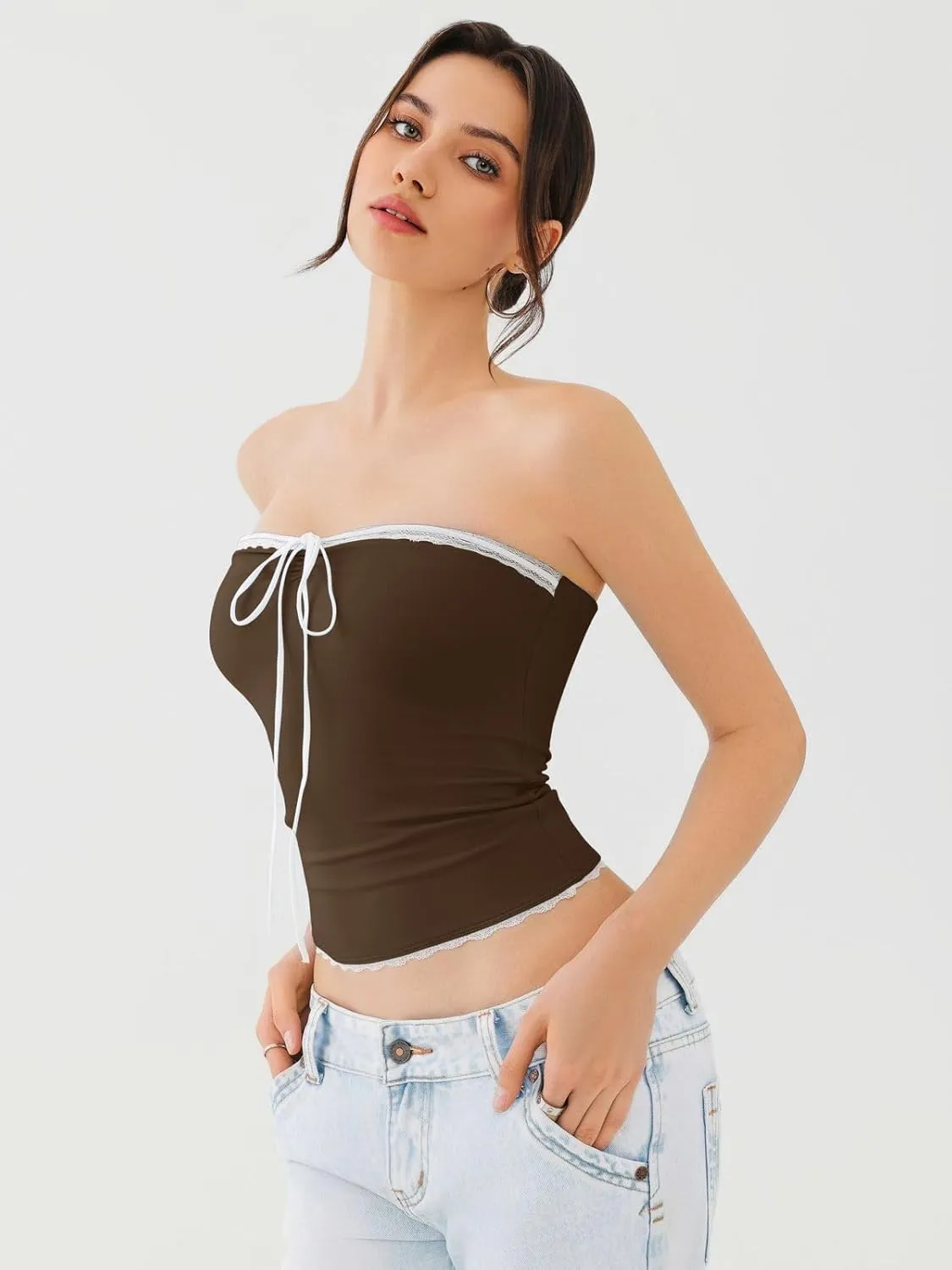 REORIA Women's Y2K Cute Tube Top Double Lined Strapless Backless Sleeveless Crop Top for Summer 2025 Going Out