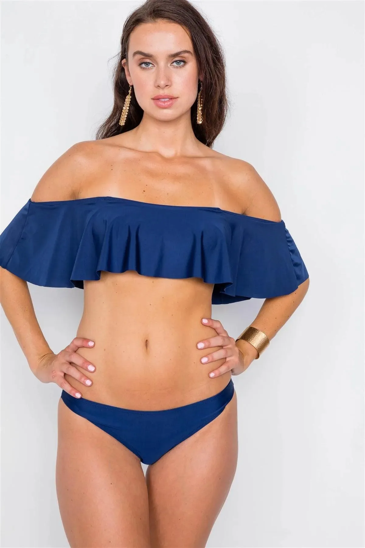 Royal Blue Solid Strapless Flounce 2 Piece Bikini