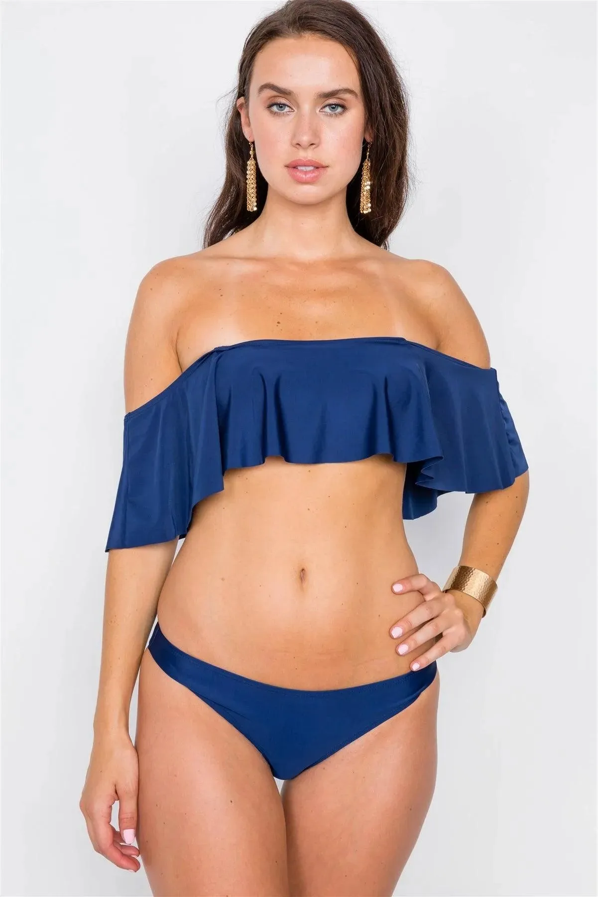 Royal Blue Solid Strapless Flounce 2 Piece Bikini