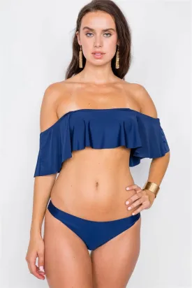 Royal Blue Solid Strapless Flounce 2 Piece Bikini