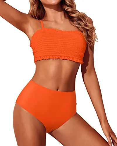 Ruffle Off Shoulder High Cut Cheeky High Waisted Bikini Set-Neon Orange