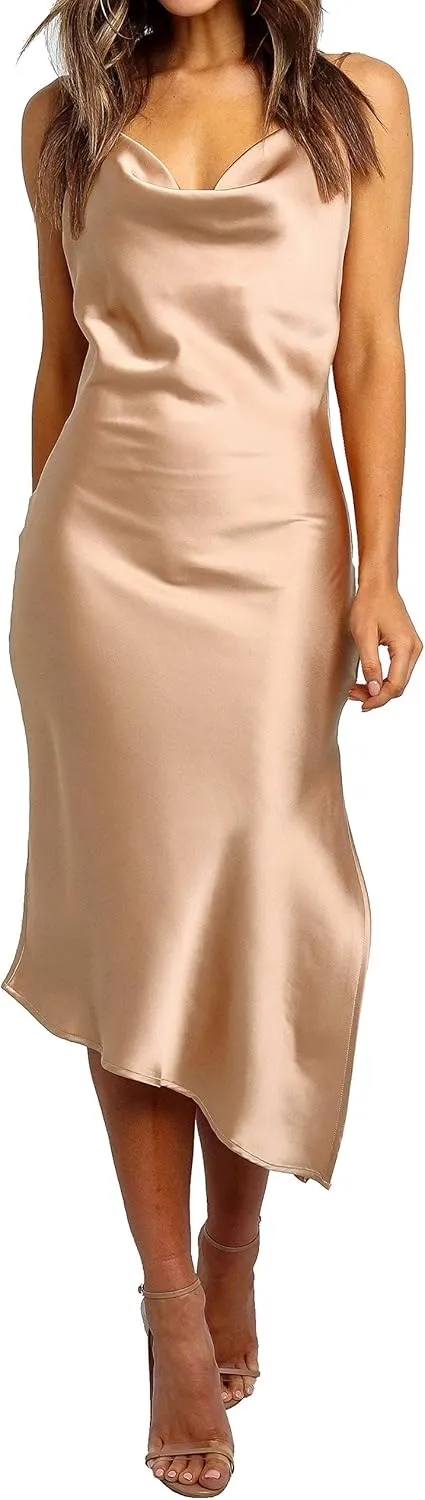 R.Vivimos Women's Satin Dress Spaghetti Straps Side Slit Cowl Neck Irregular Hem Midi Dress