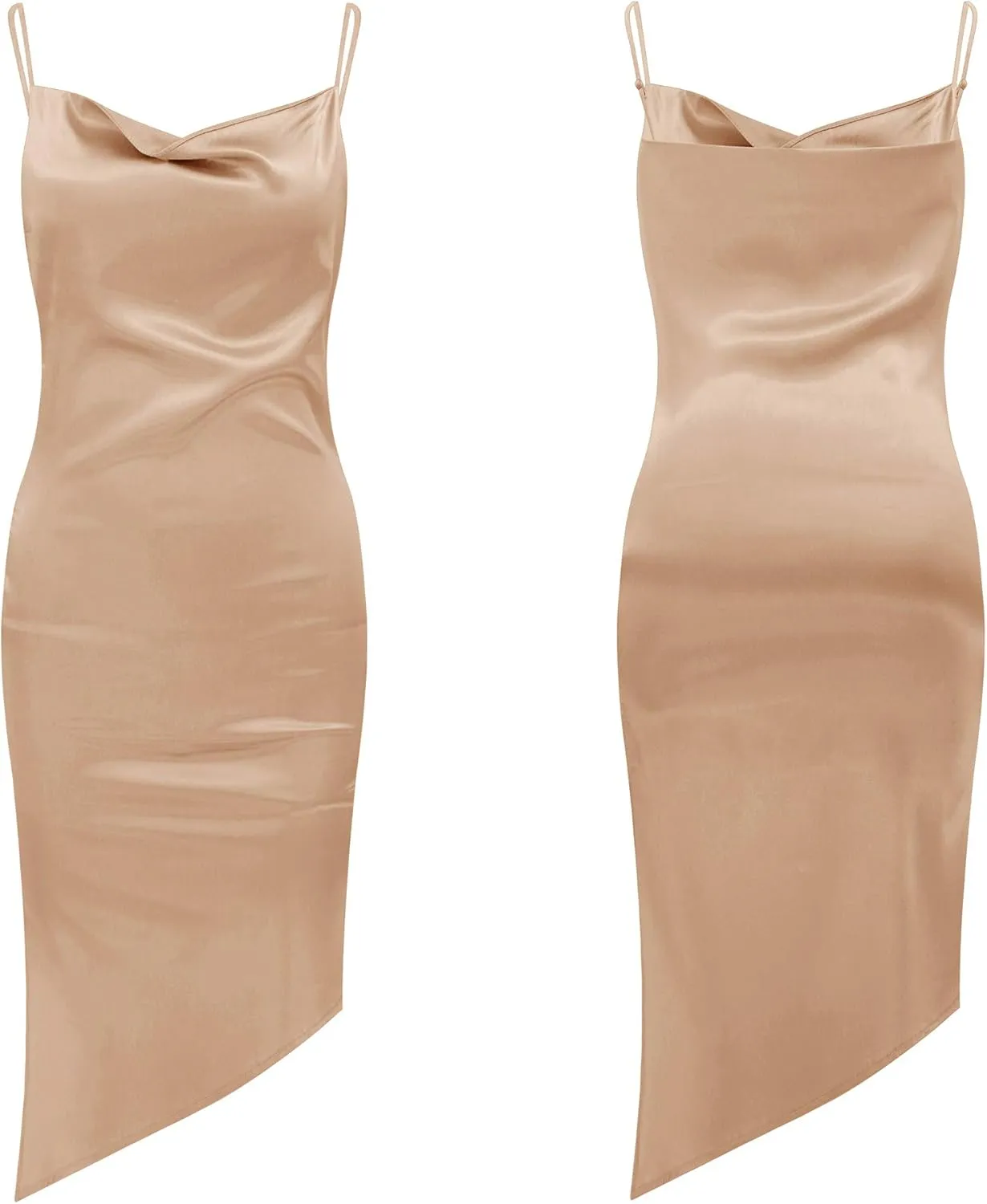 R.Vivimos Women's Satin Dress Spaghetti Straps Side Slit Cowl Neck Irregular Hem Midi Dress