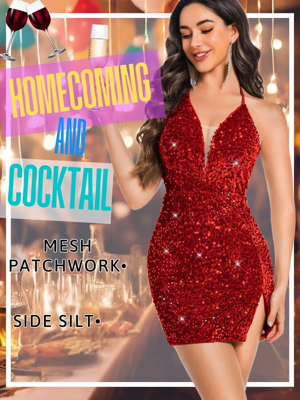 Sexy Sequin Dress for Women,Sparkly Glitter Velvet Mini Prom Dresses,Plunge Backless Club Outfit Cocktail Party