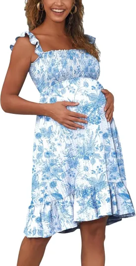 Sleeveless Maternity Dress Ruffled Shoulder Strappy Loose Smocked Pregnant Dress Summer