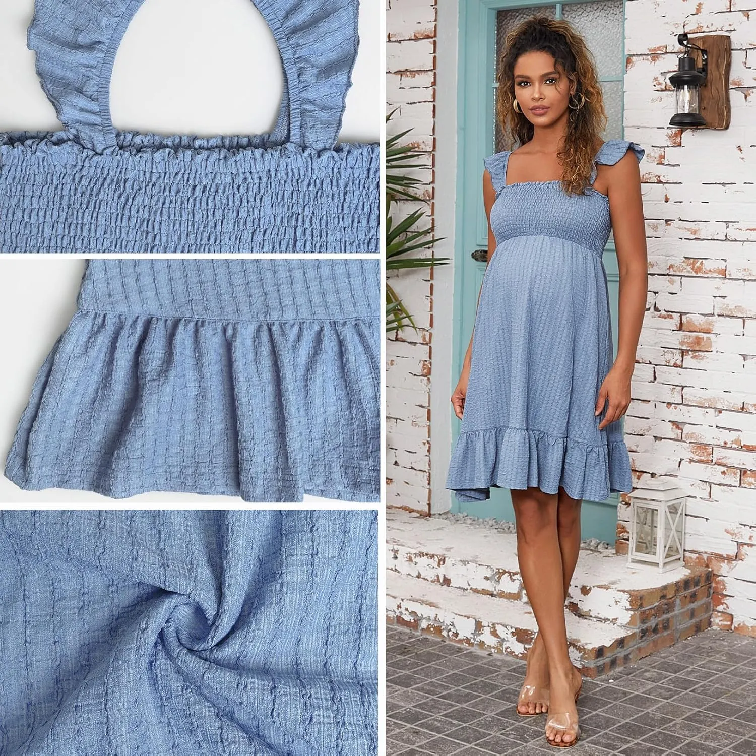 Sleeveless Maternity Dress Ruffled Shoulder Strappy Loose Smocked Pregnant Dress Summer